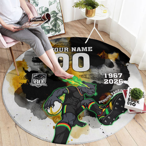 Personalised Penrith Panthers 1967-2026 Round Carpet Panther Mascot 60th Anniversary - Watercolor Splash Art