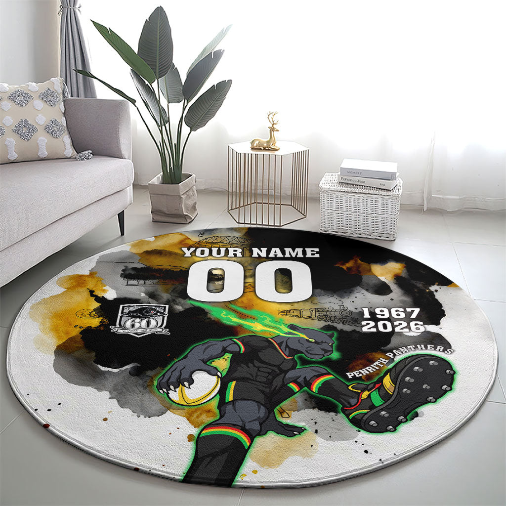 Personalised Penrith Panthers 1967-2026 Round Carpet Panther Mascot 60th Anniversary - Watercolor Splash Art