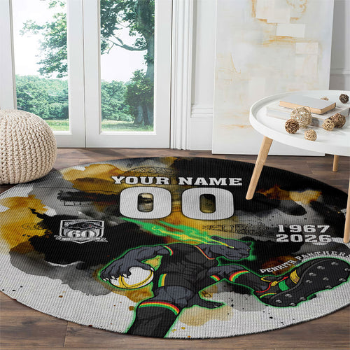 Personalised Penrith Panthers 1967-2026 Round Carpet Panther Mascot 60th Anniversary - Watercolor Splash Art