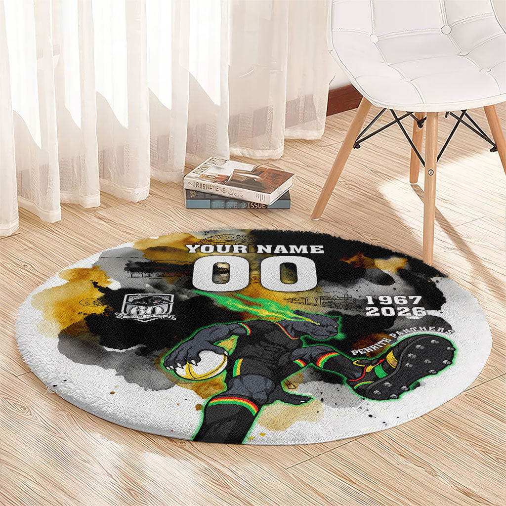 Personalised Penrith Panthers 1967-2026 Round Carpet Panther Mascot 60th Anniversary - Watercolor Splash Art