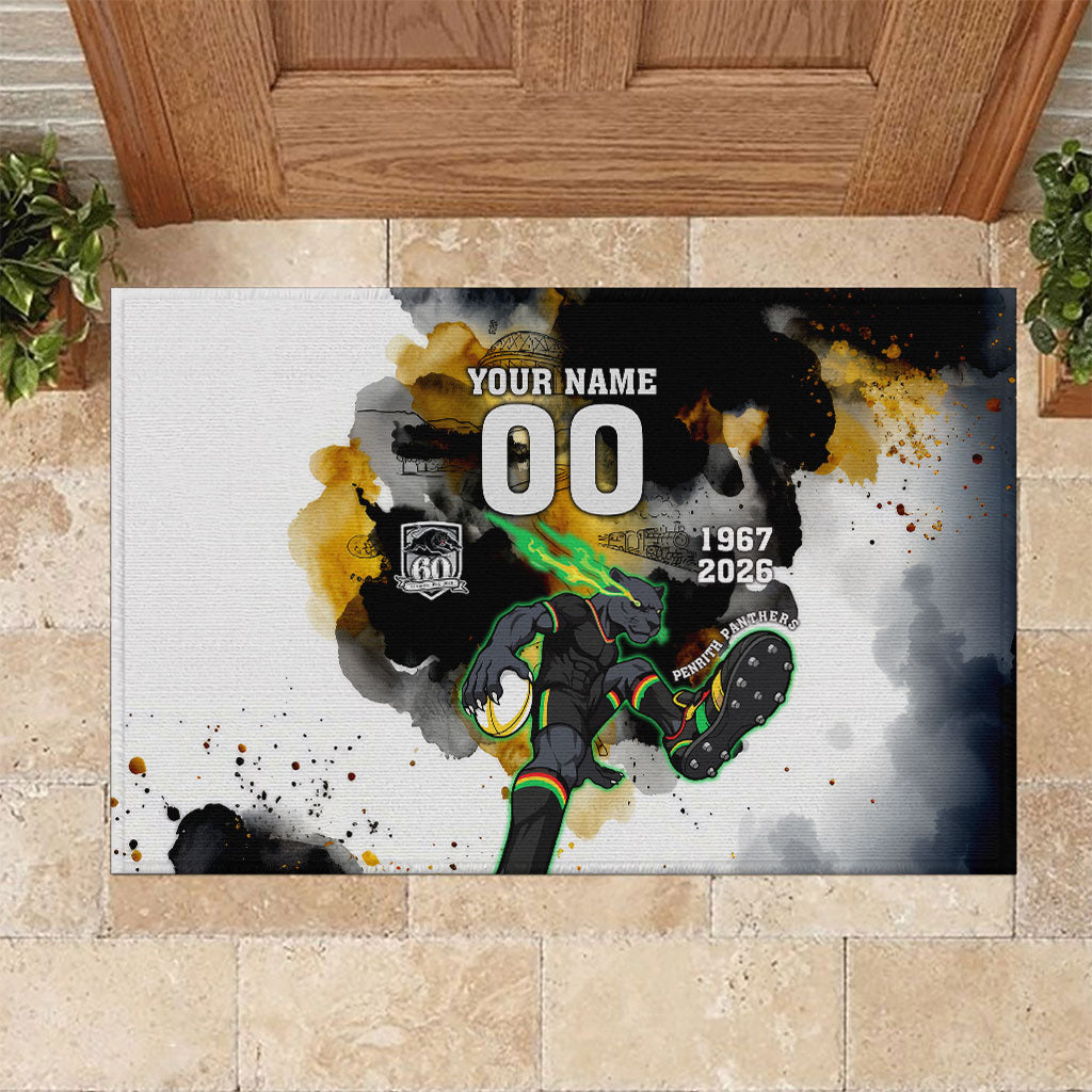 Personalised Penrith Panthers 1967-2026 Rubber Doormat Panther Mascot 60th Anniversary - Watercolor Splash Art