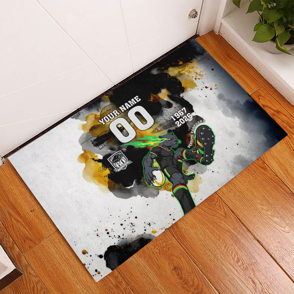 Personalised Penrith Panthers 1967-2026 Rubber Doormat Panther Mascot 60th Anniversary - Watercolor Splash Art
