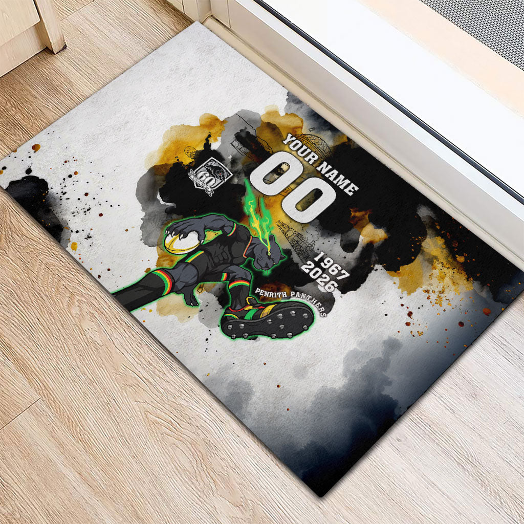 Personalised Penrith Panthers 1967-2026 Rubber Doormat Panther Mascot 60th Anniversary - Watercolor Splash Art
