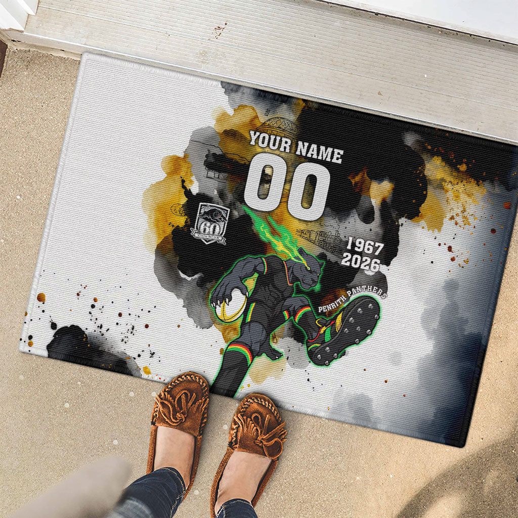 Personalised Penrith Panthers 1967-2026 Rubber Doormat Panther Mascot 60th Anniversary - Watercolor Splash Art
