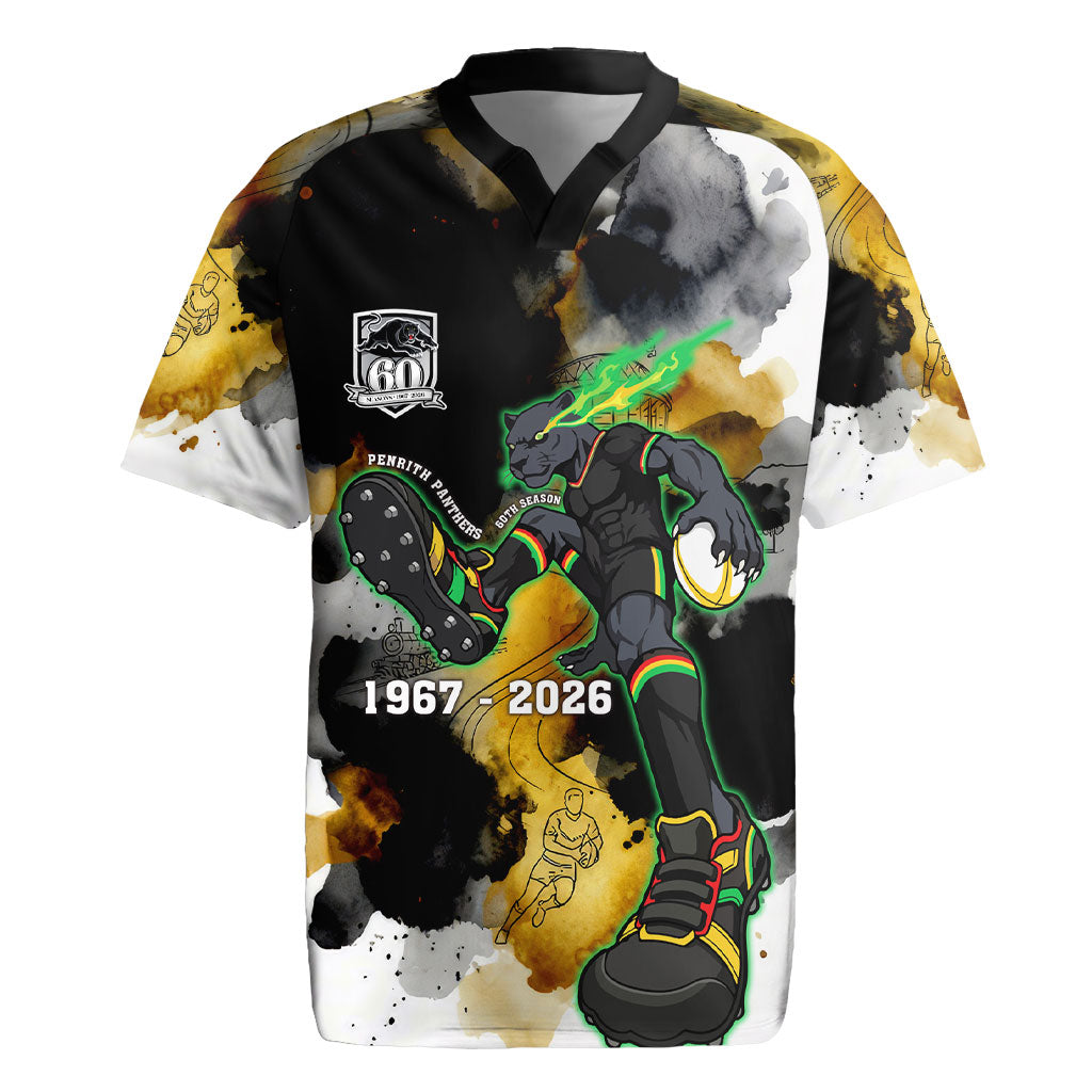 Personalised Penrith Panthers 1967-2026 Rugby Jersey Panther Mascot 60th Anniversary - Watercolor Splash Art