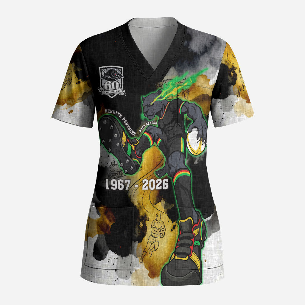 Personalised Penrith Panthers 1967-2026 Scrub Top Panther Mascot 60th Anniversary - Watercolor Splash Art