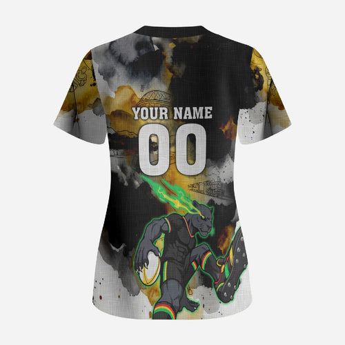 Personalised Penrith Panthers 1967-2026 Scrub Top Panther Mascot 60th Anniversary - Watercolor Splash Art