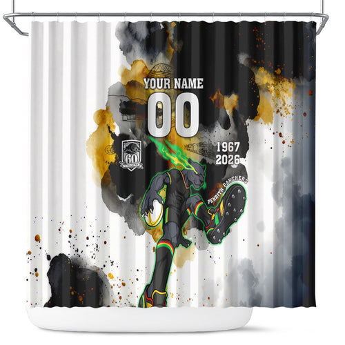 Personalised Penrith Panthers 1967-2026 Shower Curtain Panther Mascot 60th Anniversary - Watercolor Splash Art