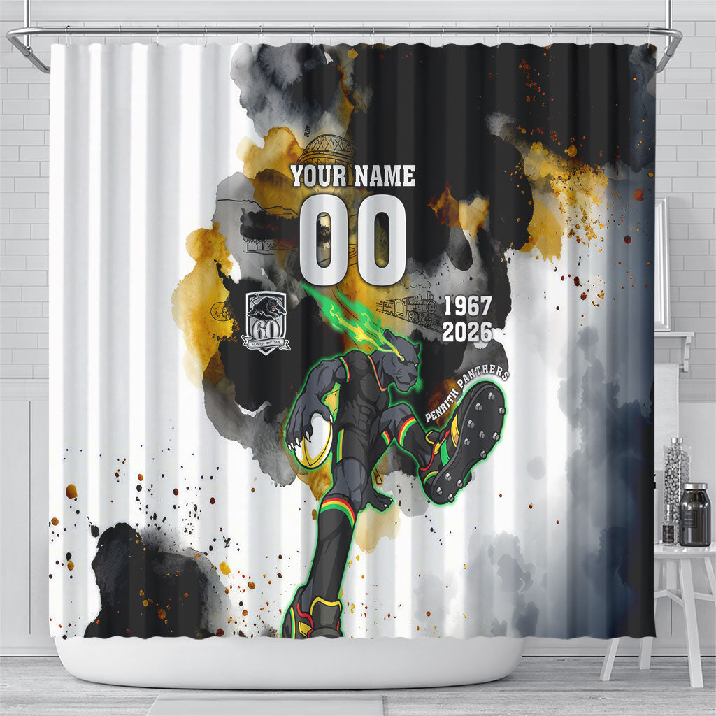 Personalised Penrith Panthers 1967-2026 Shower Curtain Panther Mascot 60th Anniversary - Watercolor Splash Art