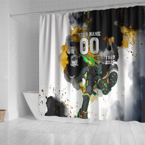 Personalised Penrith Panthers 1967-2026 Shower Curtain Panther Mascot 60th Anniversary - Watercolor Splash Art