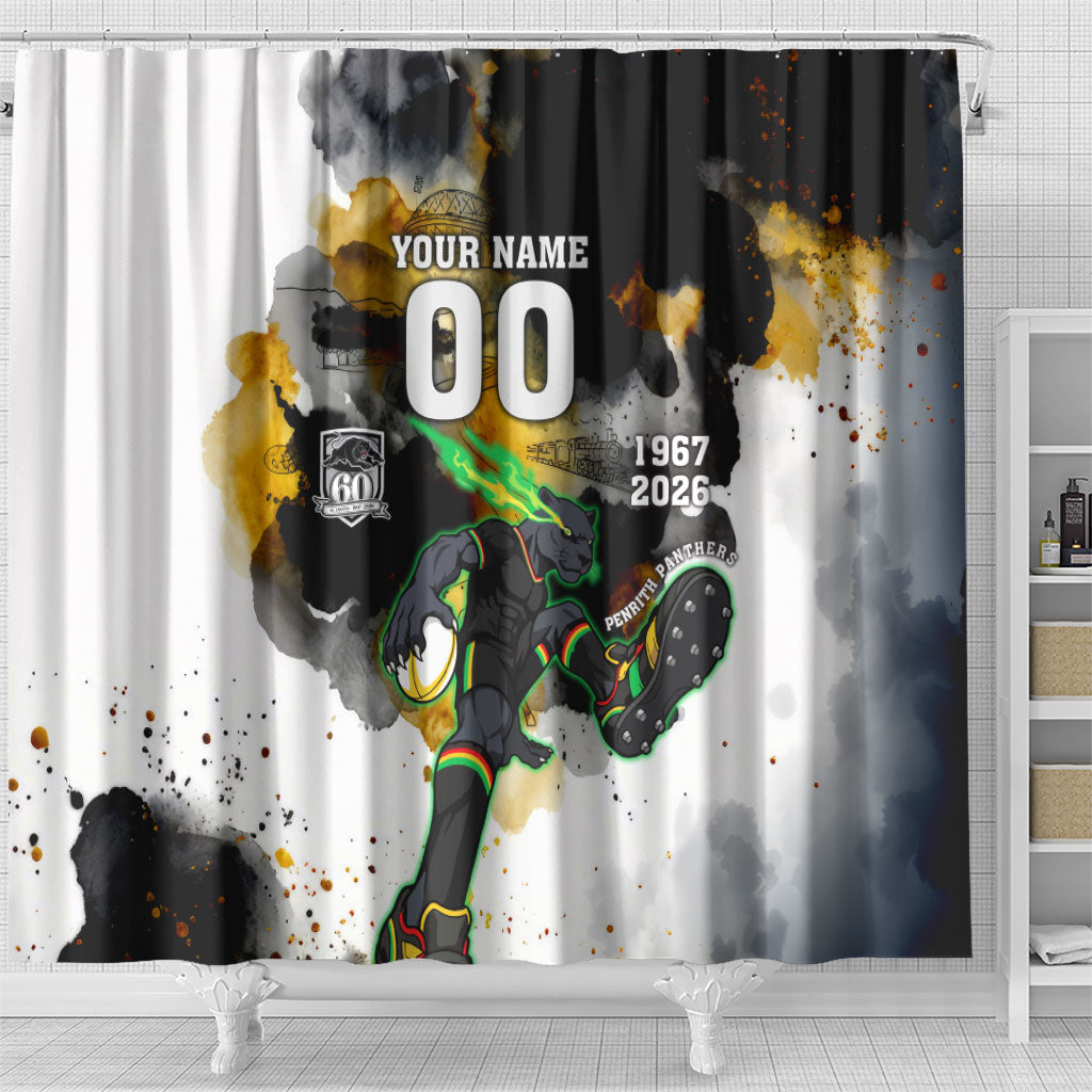 Personalised Penrith Panthers 1967-2026 Shower Curtain Panther Mascot 60th Anniversary - Watercolor Splash Art