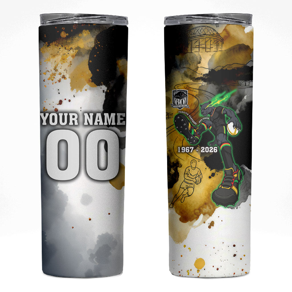 Personalised Penrith Panthers 1967-2026 Skinny Tumbler Panther Mascot 60th Anniversary - Watercolor Splash Art