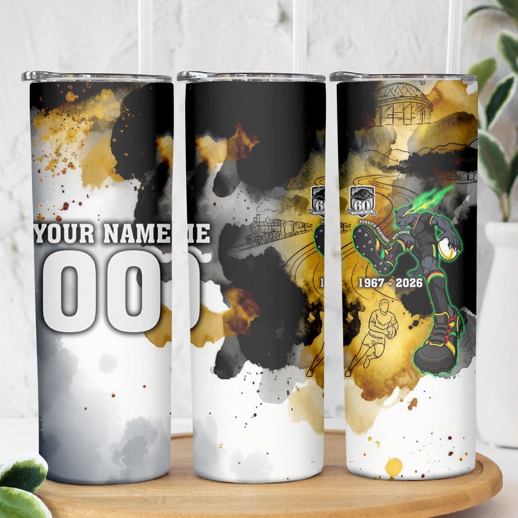 Personalised Penrith Panthers 1967-2026 Skinny Tumbler Panther Mascot 60th Anniversary - Watercolor Splash Art