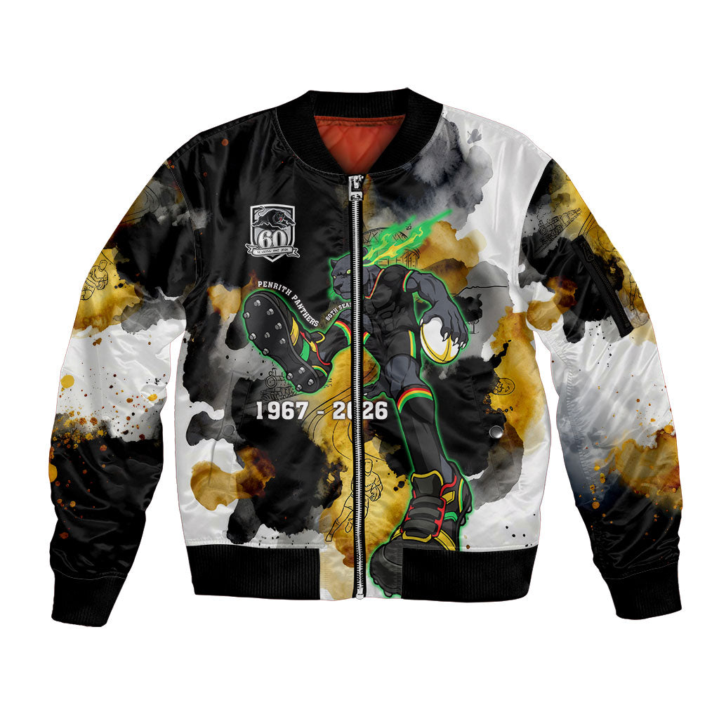 Personalised Penrith Panthers 1967-2026 Sleeve Zip Bomber Jacket Panther Mascot 60th Anniversary - Watercolor Splash Art