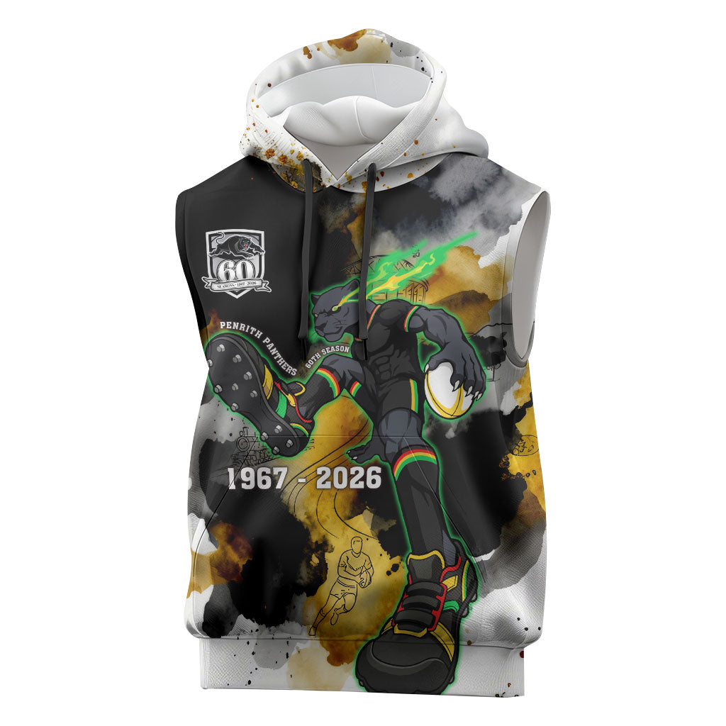 Personalised Penrith Panthers 1967-2026 Sleeveless Hoodie Panther Mascot 60th Anniversary - Watercolor Splash Art