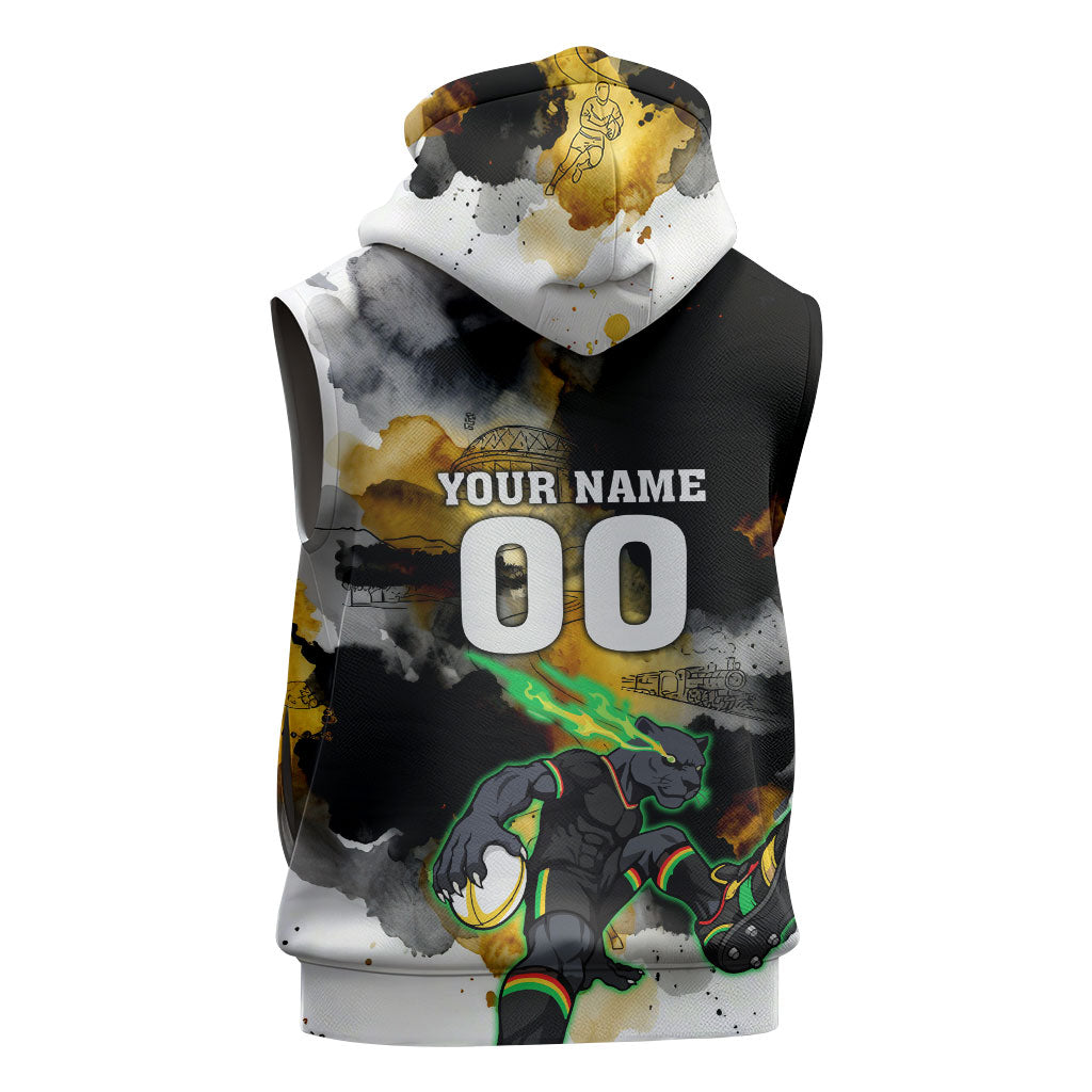Personalised Penrith Panthers 1967-2026 Sleeveless Hoodie Panther Mascot 60th Anniversary - Watercolor Splash Art