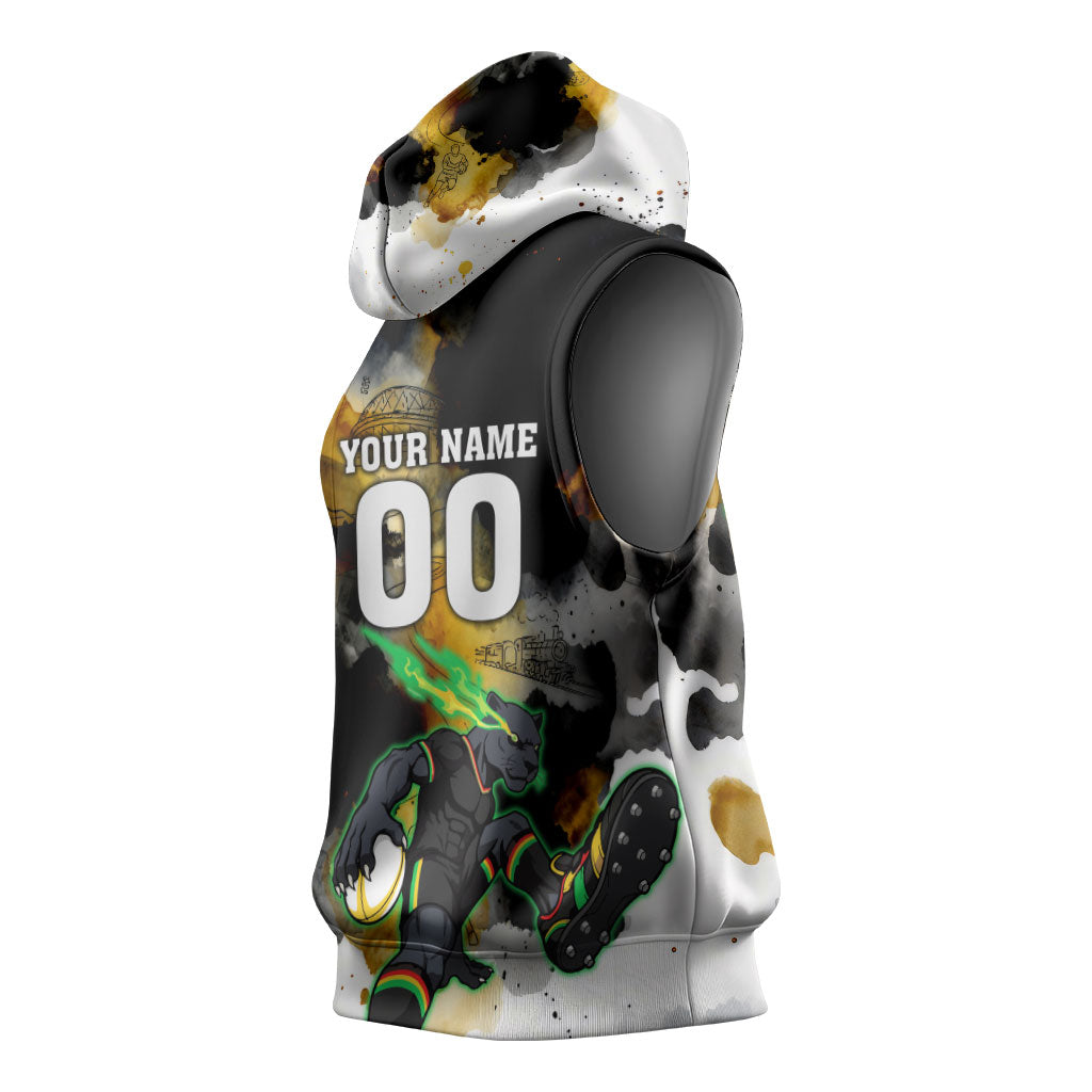 Personalised Penrith Panthers 1967-2026 Sleeveless Hoodie Panther Mascot 60th Anniversary - Watercolor Splash Art