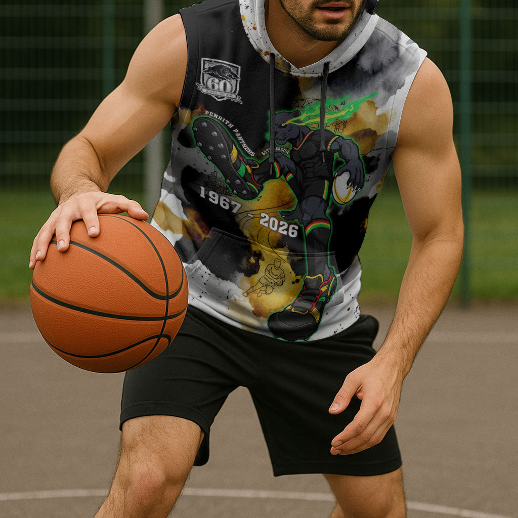 Personalised Penrith Panthers 1967-2026 Sleeveless Hoodie Panther Mascot 60th Anniversary - Watercolor Splash Art
