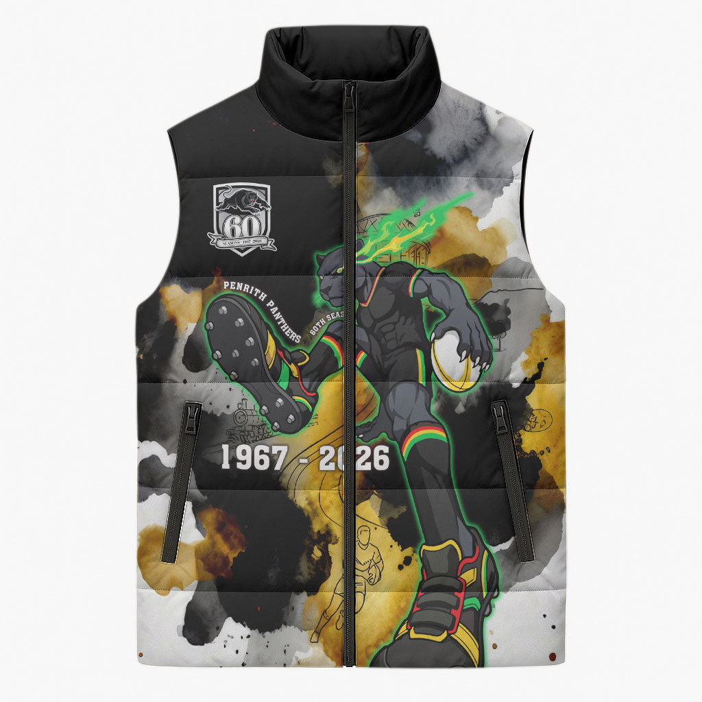 Personalised Penrith Panthers 1967-2026 Sleeveless Puffer Jacket Panther Mascot 60th Anniversary - Watercolor Splash Art