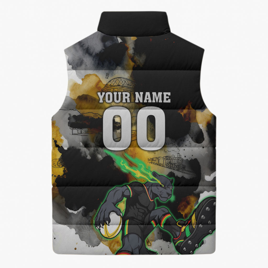 Personalised Penrith Panthers 1967-2026 Sleeveless Puffer Jacket Panther Mascot 60th Anniversary - Watercolor Splash Art