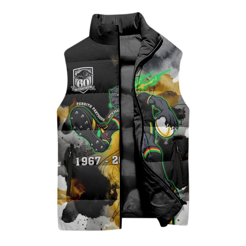 Personalised Penrith Panthers 1967-2026 Sleeveless Puffer Jacket Panther Mascot 60th Anniversary - Watercolor Splash Art