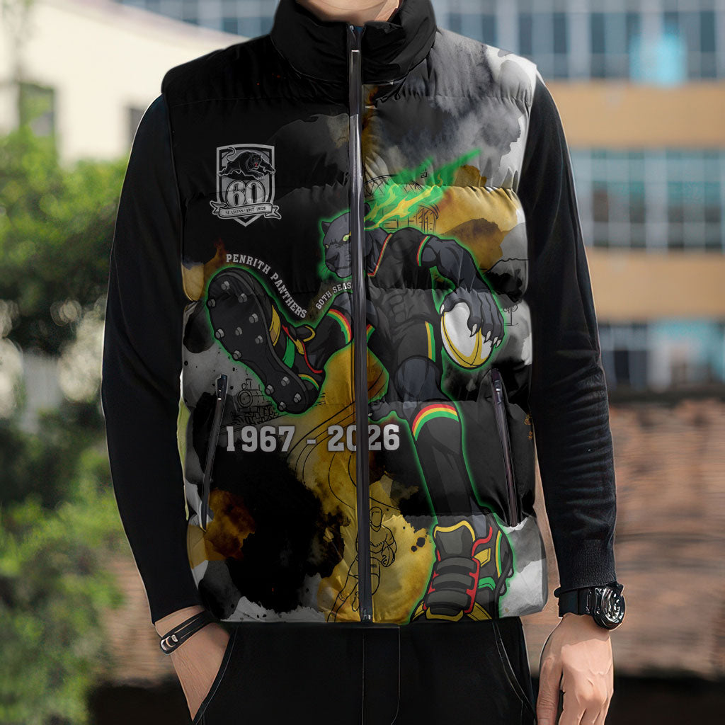 Personalised Penrith Panthers 1967-2026 Sleeveless Puffer Jacket Panther Mascot 60th Anniversary - Watercolor Splash Art