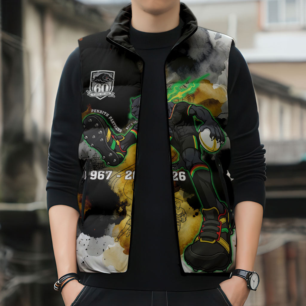 Personalised Penrith Panthers 1967-2026 Sleeveless Puffer Jacket Panther Mascot 60th Anniversary - Watercolor Splash Art