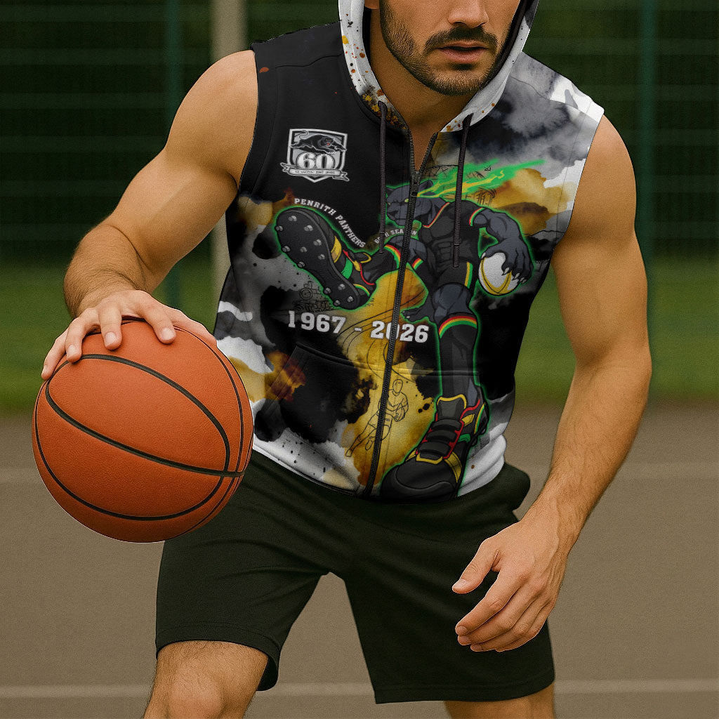 Personalised Penrith Panthers 1967-2026 Sleeveless Zip Hoodie Panther Mascot 60th Anniversary - Watercolor Splash Art