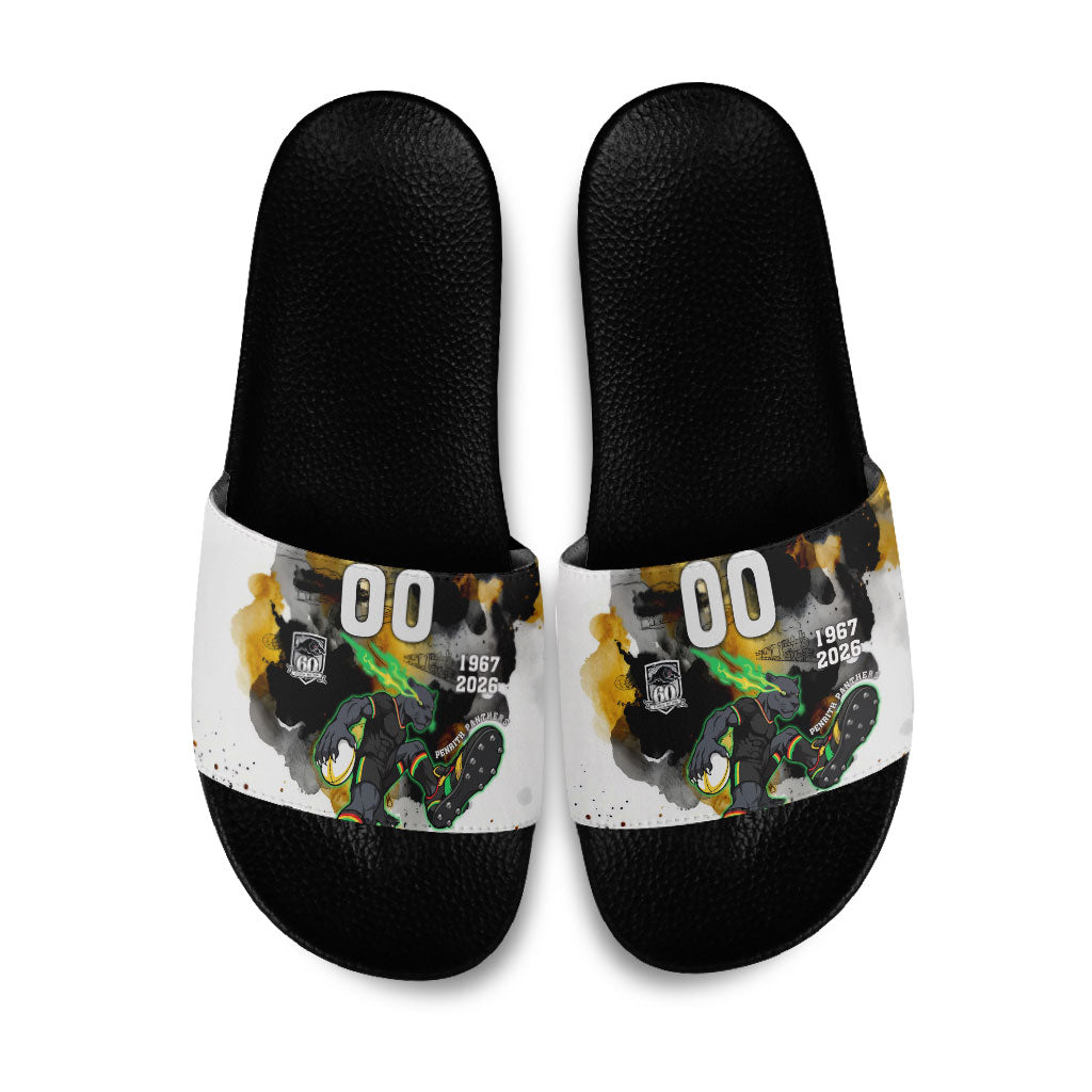 Personalised Penrith Panthers 1967-2026 Slide Sandals Panther Mascot 60th Anniversary - Watercolor Splash Art