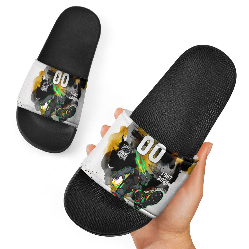 Personalised Penrith Panthers 1967-2026 Slide Sandals Panther Mascot 60th Anniversary - Watercolor Splash Art