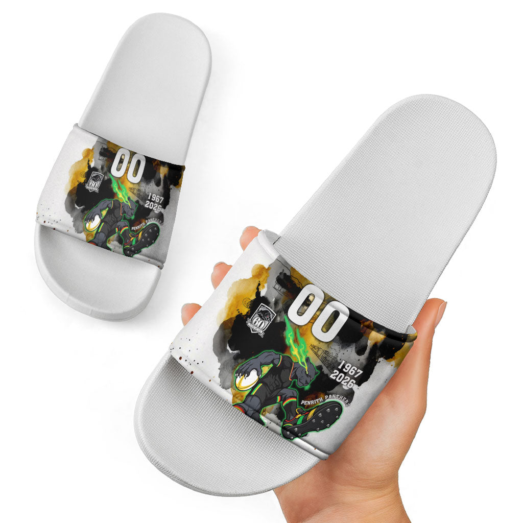 Personalised Penrith Panthers 1967-2026 Slide Sandals Panther Mascot 60th Anniversary - Watercolor Splash Art