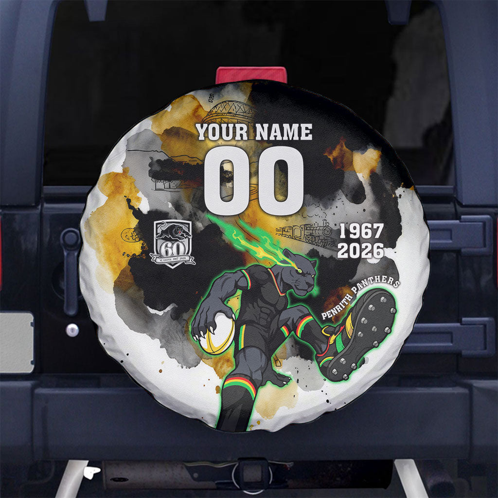 Personalised Penrith Panthers 1967-2026 Spare Tire Cover Panther Mascot 60th Anniversary - Watercolor Splash Art