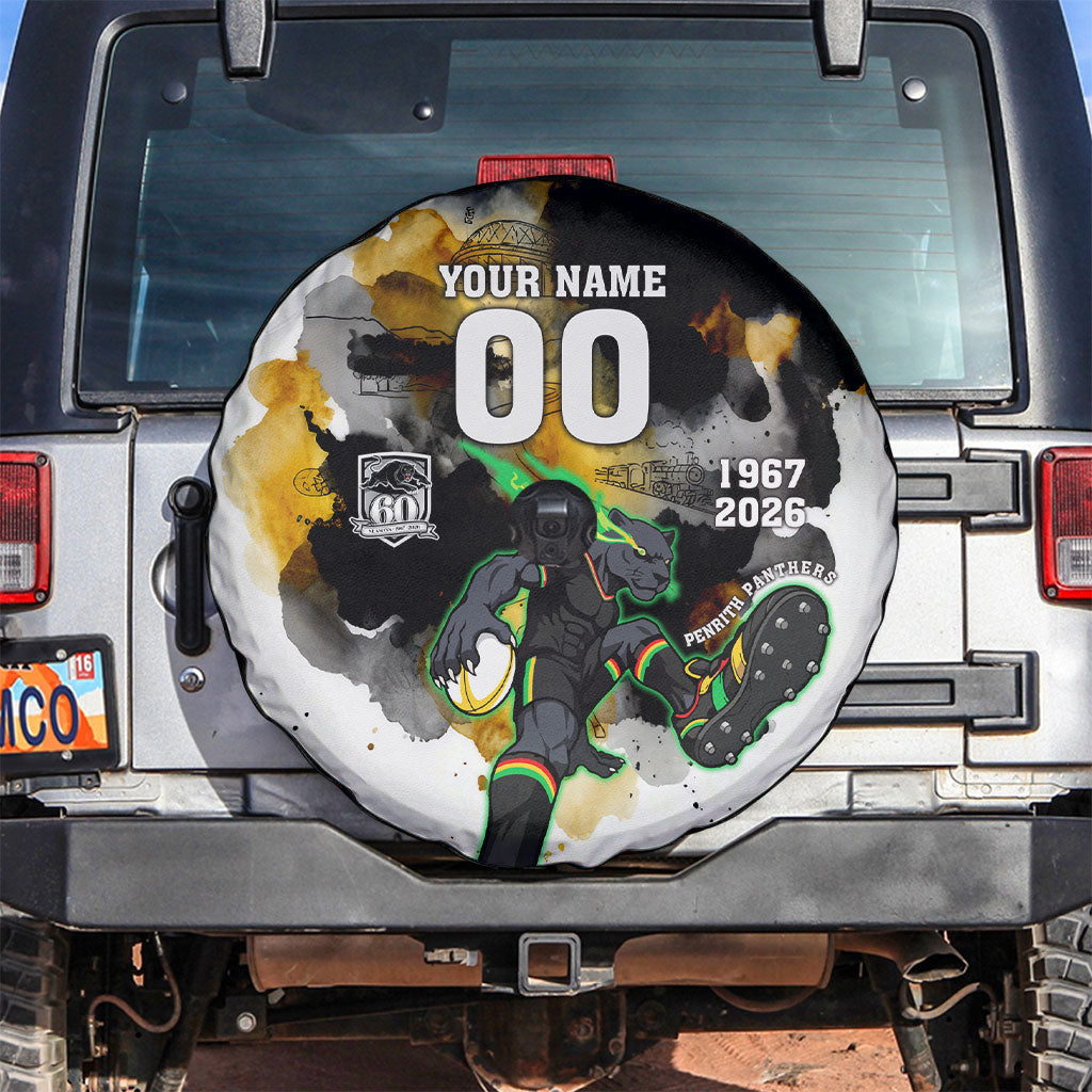 Personalised Penrith Panthers 1967-2026 Spare Tire Cover Panther Mascot 60th Anniversary - Watercolor Splash Art