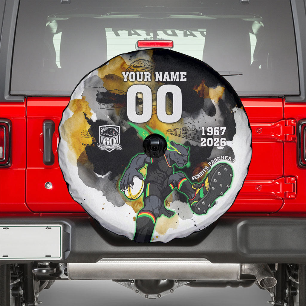 Personalised Penrith Panthers 1967-2026 Spare Tire Cover Panther Mascot 60th Anniversary - Watercolor Splash Art