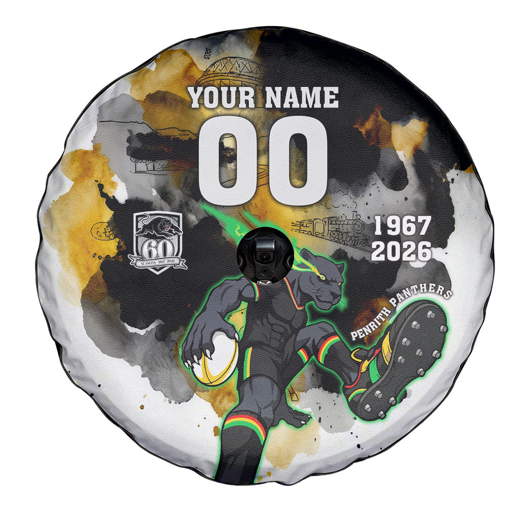 Personalised Penrith Panthers 1967-2026 Spare Tire Cover Panther Mascot 60th Anniversary - Watercolor Splash Art