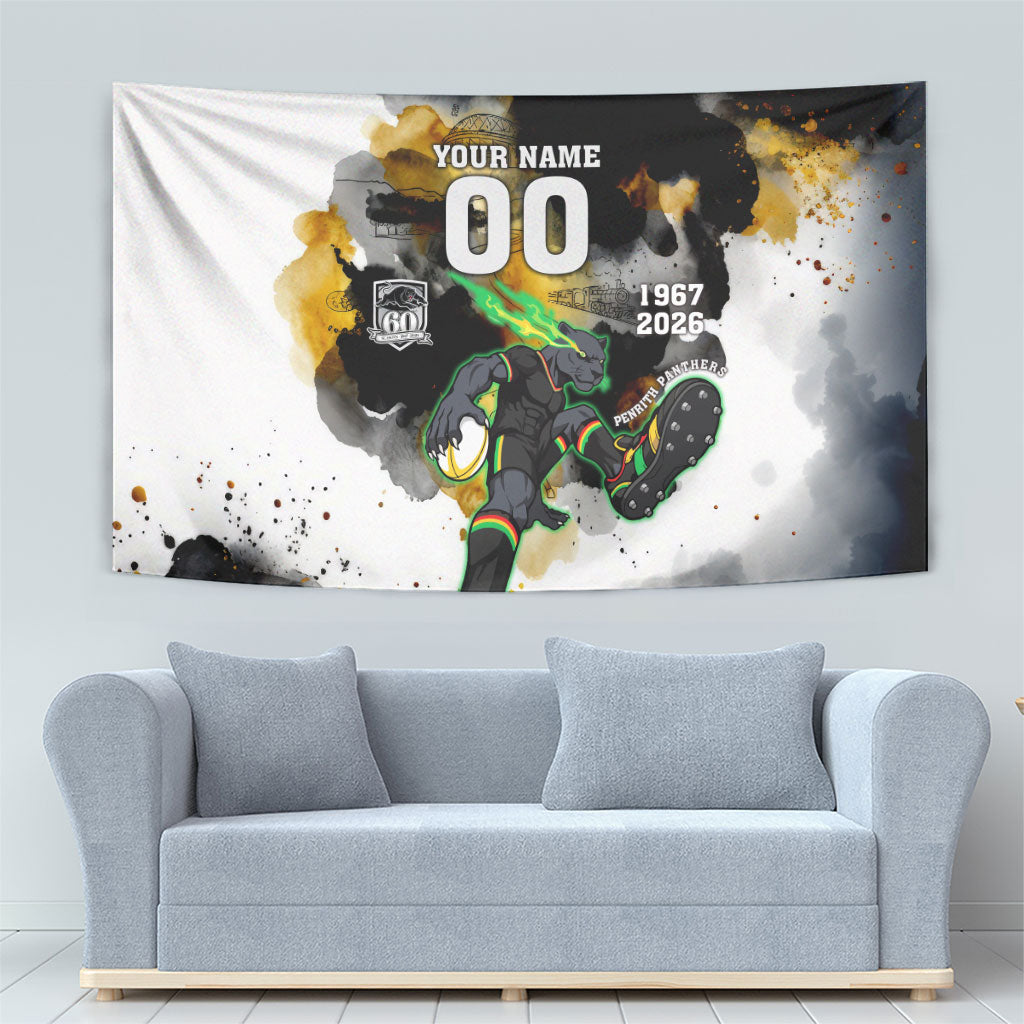 Personalised Penrith Panthers 1967-2026 Tapestry Panther Mascot 60th Anniversary - Watercolor Splash Art