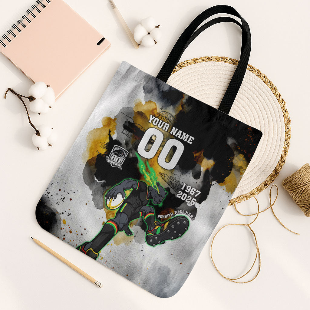 Personalised Penrith Panthers 1967-2026 Tote Bag Panther Mascot 60th Anniversary - Watercolor Splash Art