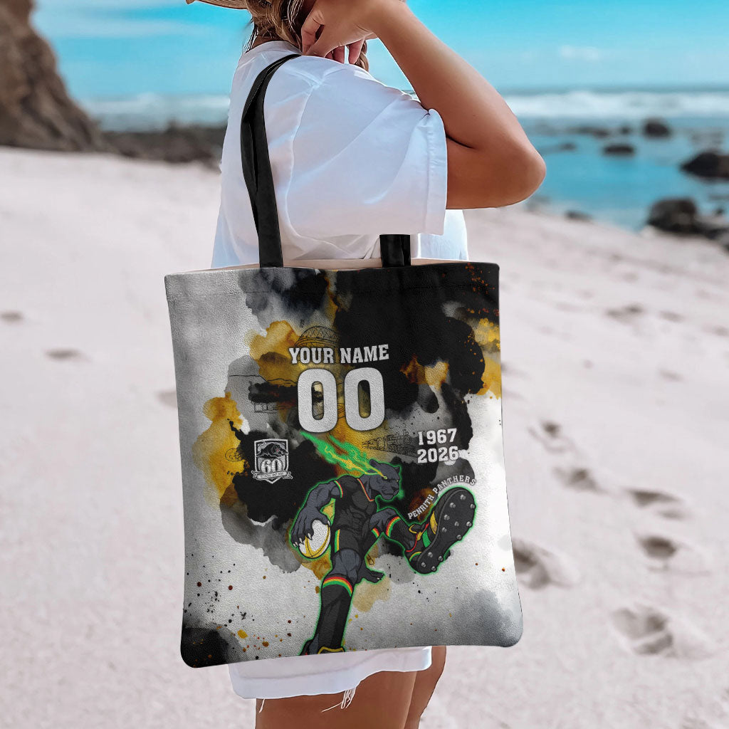 Personalised Penrith Panthers 1967-2026 Tote Bag Panther Mascot 60th Anniversary - Watercolor Splash Art