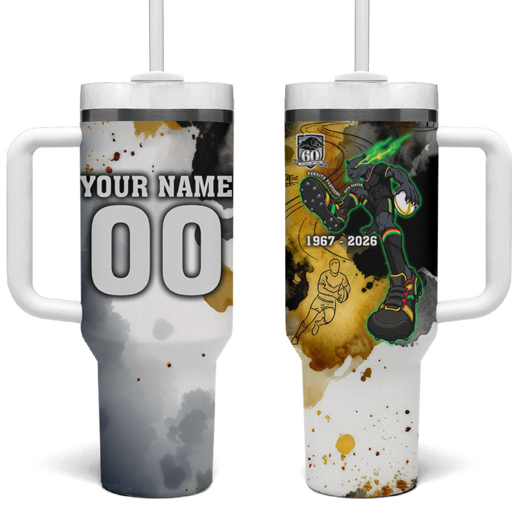 Personalised Penrith Panthers 1967-2026 Tumbler With Handle Panther Mascot 60th Anniversary - Watercolor Splash Art