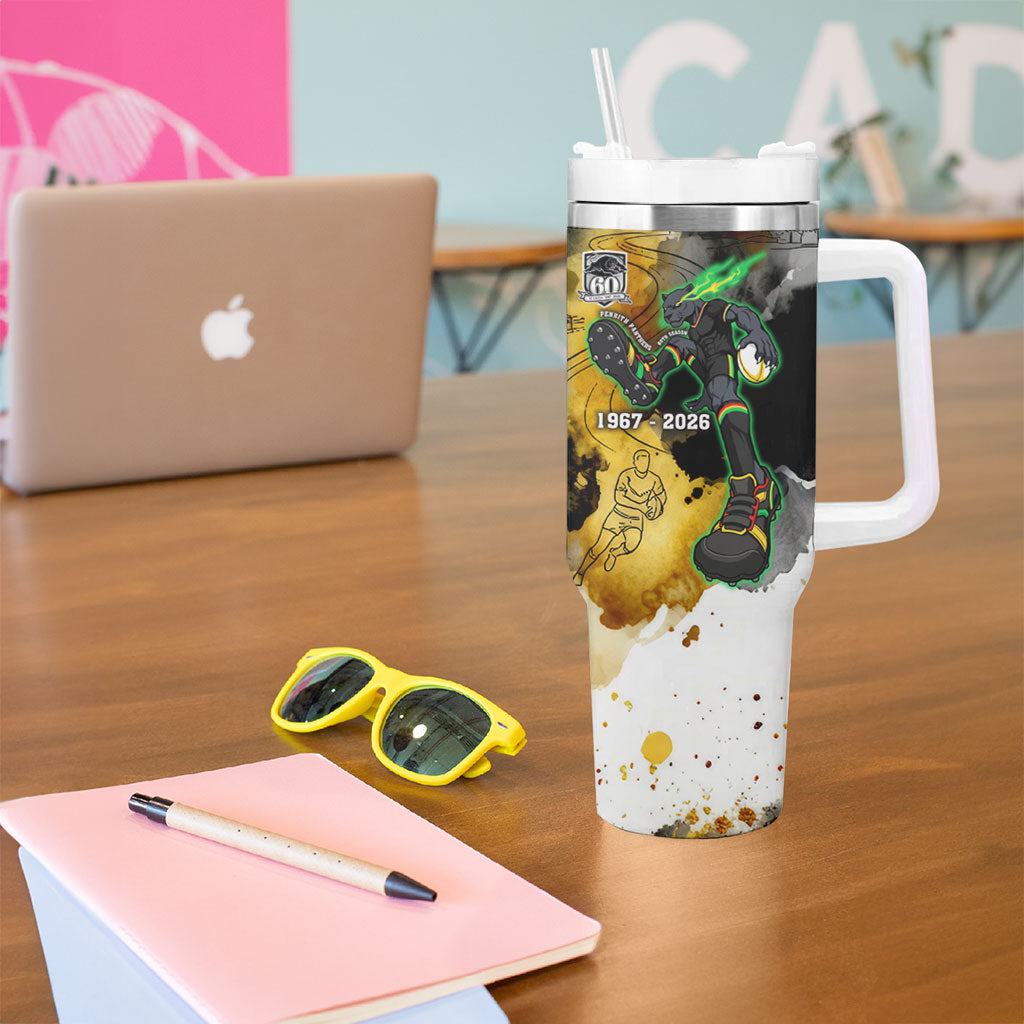 Personalised Penrith Panthers 1967-2026 Tumbler With Handle Panther Mascot 60th Anniversary - Watercolor Splash Art