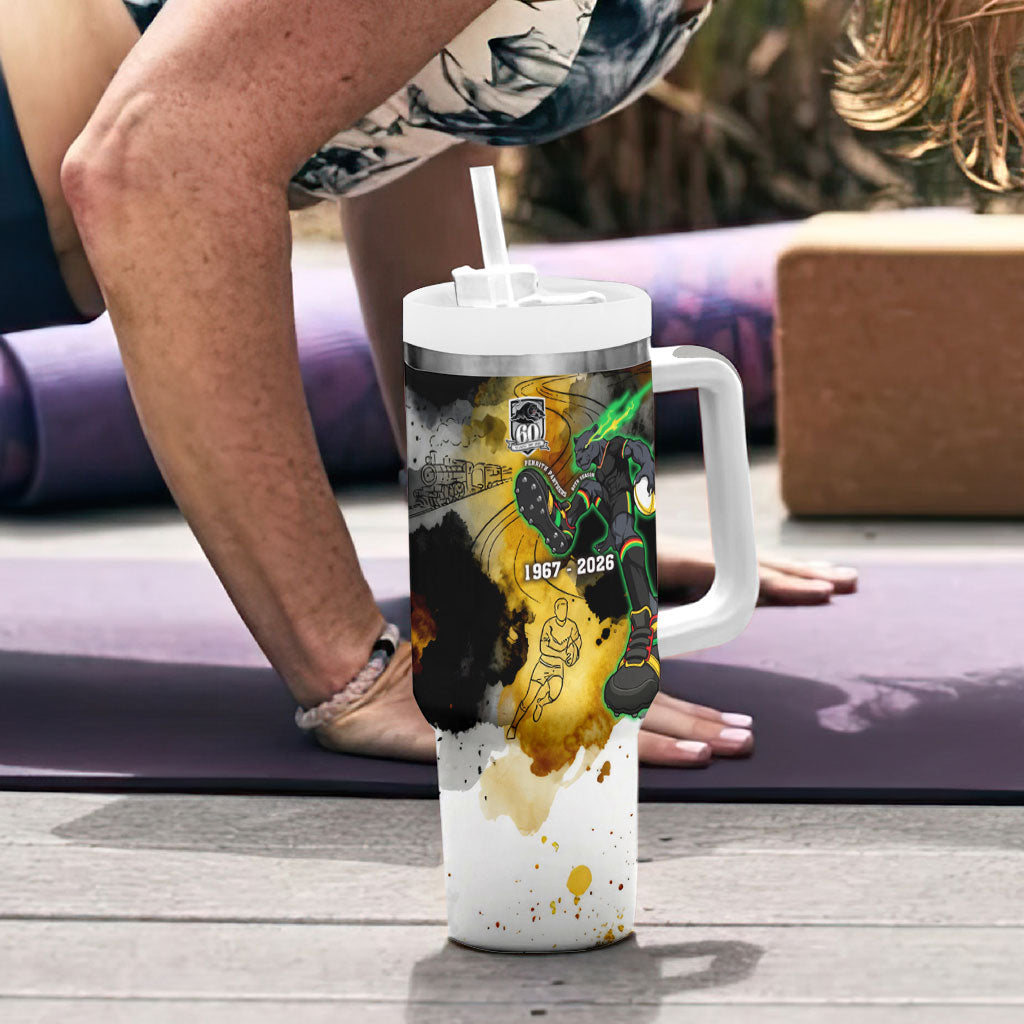 Personalised Penrith Panthers 1967-2026 Tumbler With Handle Panther Mascot 60th Anniversary - Watercolor Splash Art