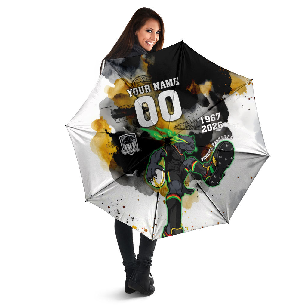 Personalised Penrith Panthers 1967-2026 Umbrella Panther Mascot 60th Anniversary - Watercolor Splash Art