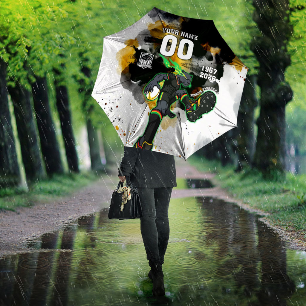 Personalised Penrith Panthers 1967-2026 Umbrella Panther Mascot 60th Anniversary - Watercolor Splash Art