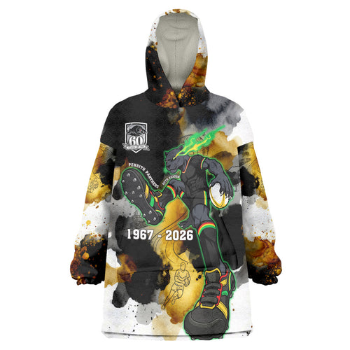 Personalised Penrith Panthers 1967-2026 Wearable Blanket Hoodie Panther Mascot 60th Anniversary - Watercolor Splash Art