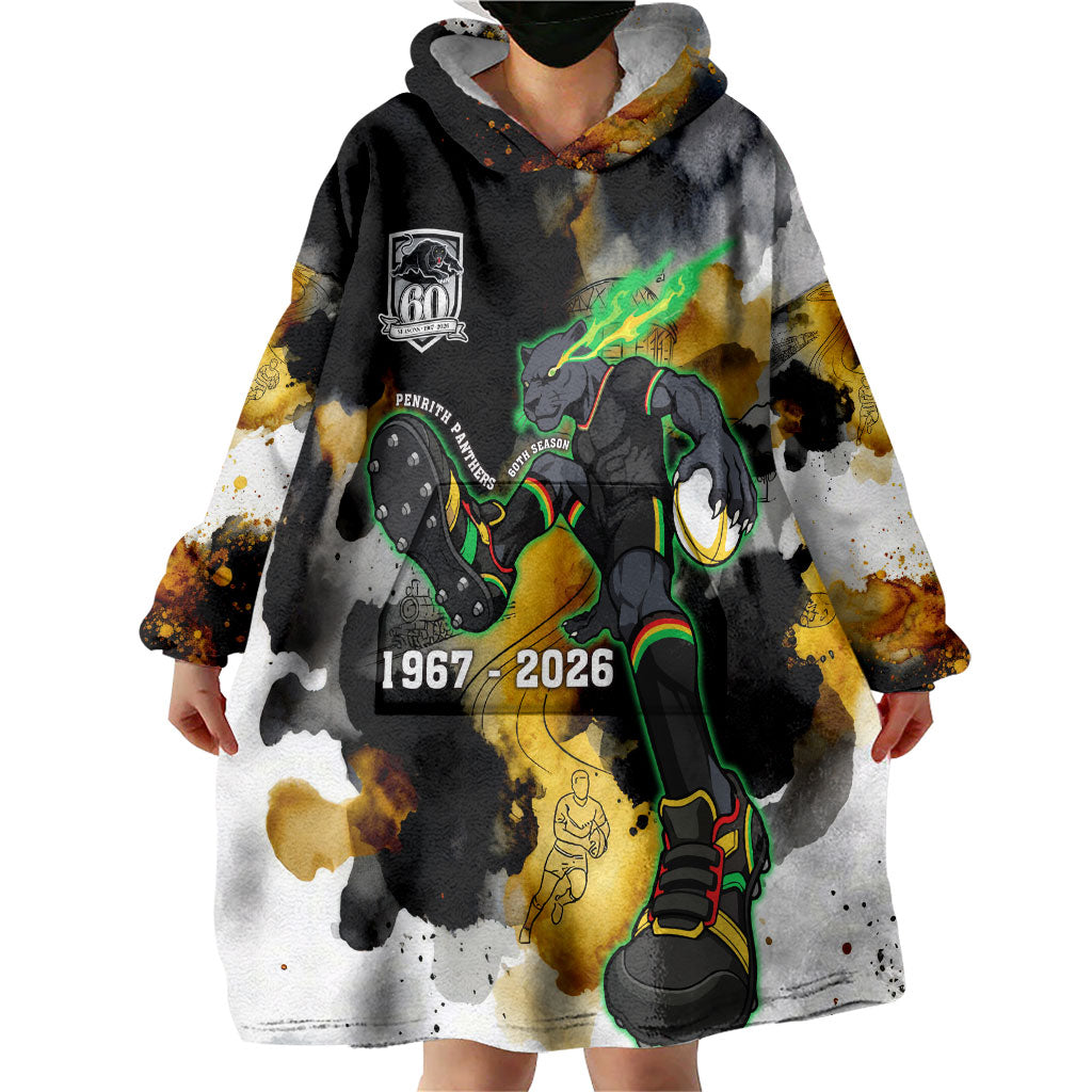 Personalised Penrith Panthers 1967-2026 Wearable Blanket Hoodie Panther Mascot 60th Anniversary - Watercolor Splash Art