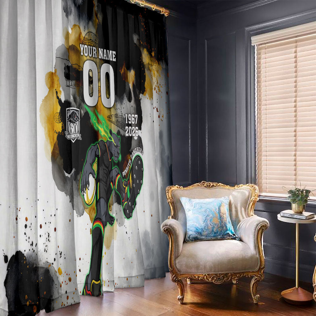 Personalised Penrith Panthers 1967-2026 Window Curtain Panther Mascot 60th Anniversary - Watercolor Splash Art