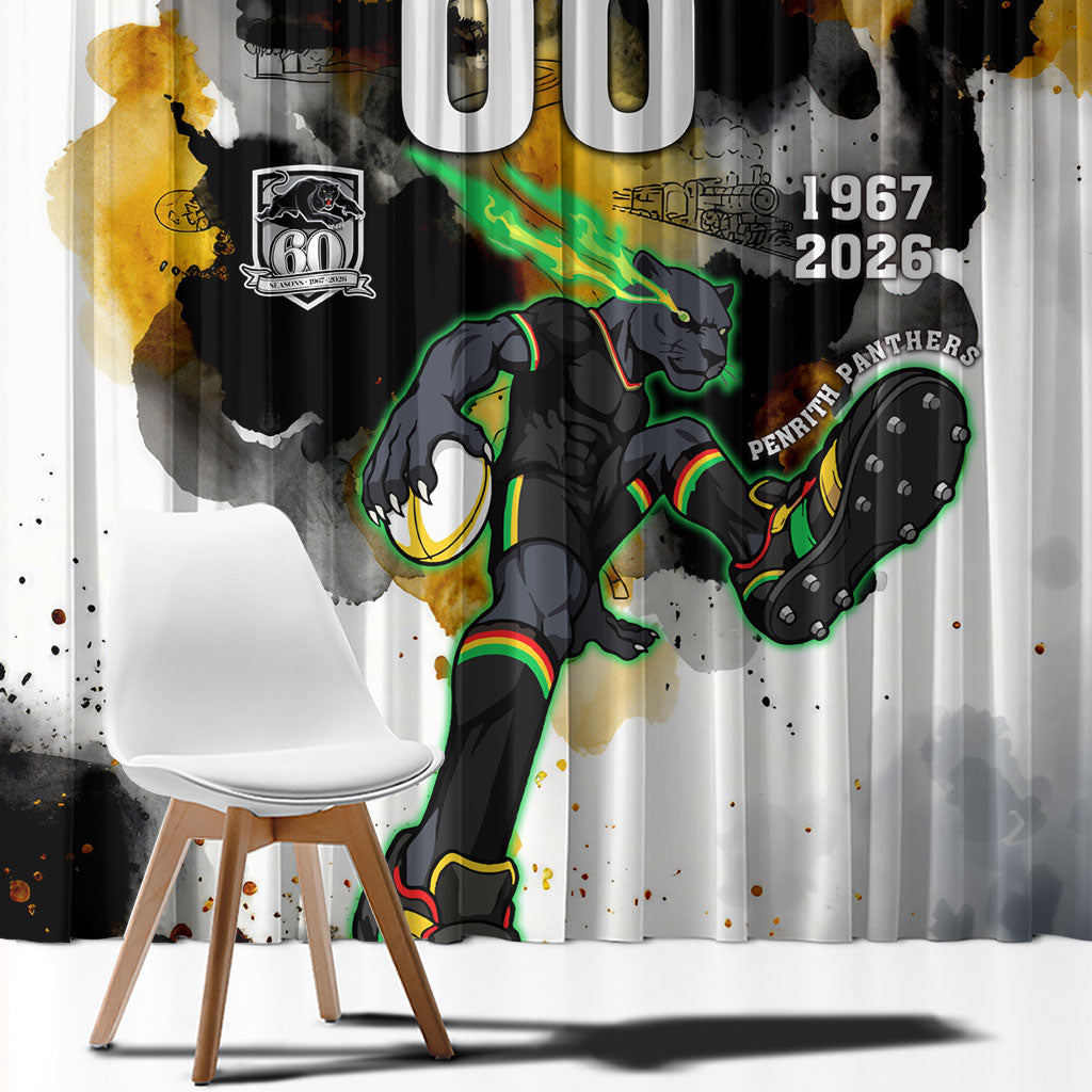 Personalised Penrith Panthers 1967-2026 Window Curtain Panther Mascot 60th Anniversary - Watercolor Splash Art