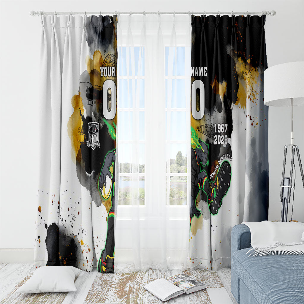 Personalised Penrith Panthers 1967-2026 Window Curtain Panther Mascot 60th Anniversary - Watercolor Splash Art