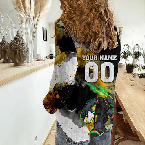 Personalised Penrith Panthers 1967-2026 Women Casual Shirt Panther Mascot 60th Anniversary - Watercolor Splash Art
