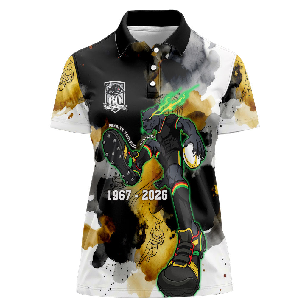 Personalised Penrith Panthers 1967-2026 Women Polo Shirt Panther Mascot 60th Anniversary - Watercolor Splash Art